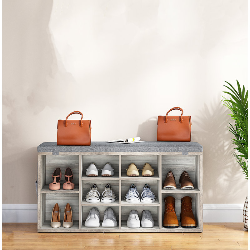 Shoe Storage Bench with Cushion, Shoe Rack with 3-Tier Adjustable Shelf for Entryway, Living Room, Light Gray, Gray