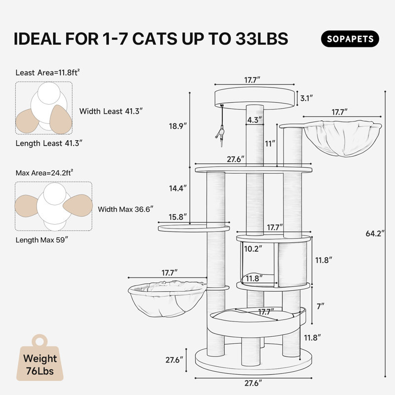 Modern 65''H Extra Large Multi-Function Cat Tree for Big Cats&MaineCoon