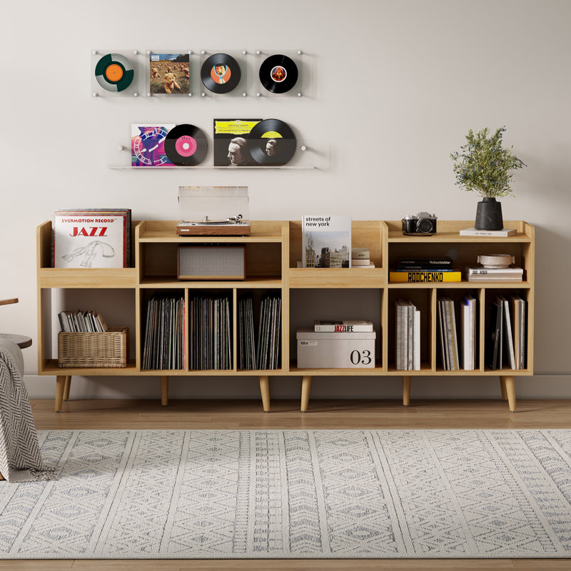 Armoire de rangement pour disque vinyle Mid-Century | Support pour tourne-disque avec 5 compartiments et gestion des câbles, console multimédia pour livres et présentoir