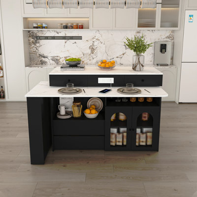 Îlot de cuisine avec table extensible et rotative, panneau de fibres à densité moyenne avec placage de marbre au design rétro, 4 tiroirs et armoires à portes en verre avec prise intégrée, station de repas extensible pour 2 à 4 personnes