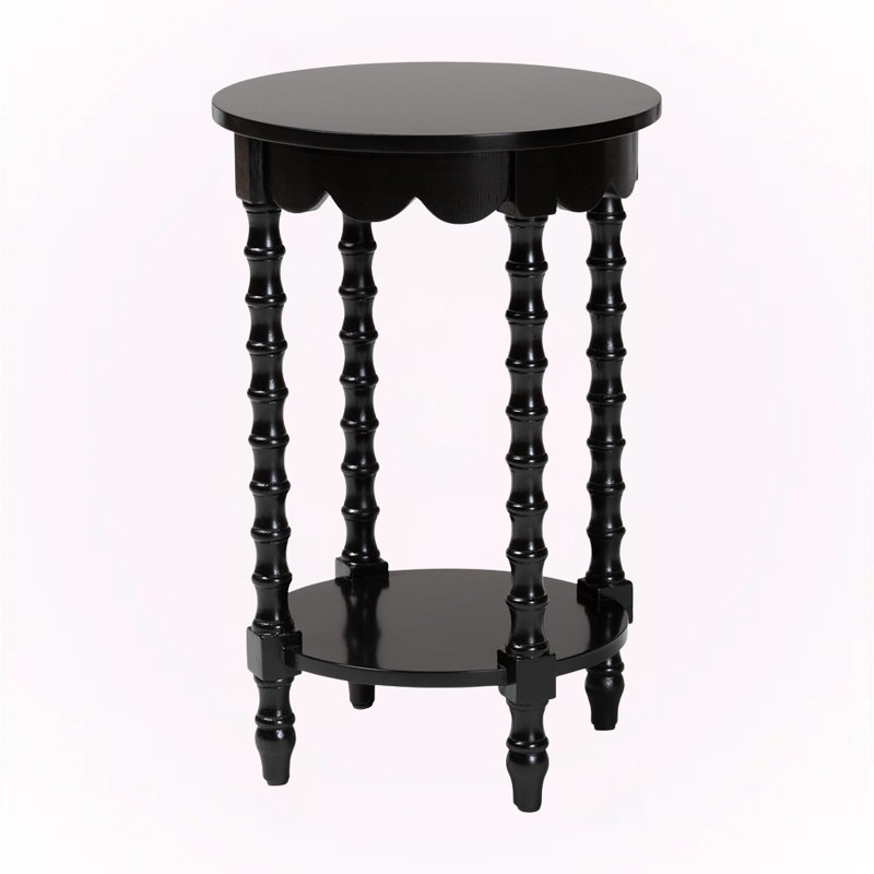 Garson Round Black Nightstand with Bamboo Inspired Legs and Open Shelf, Black