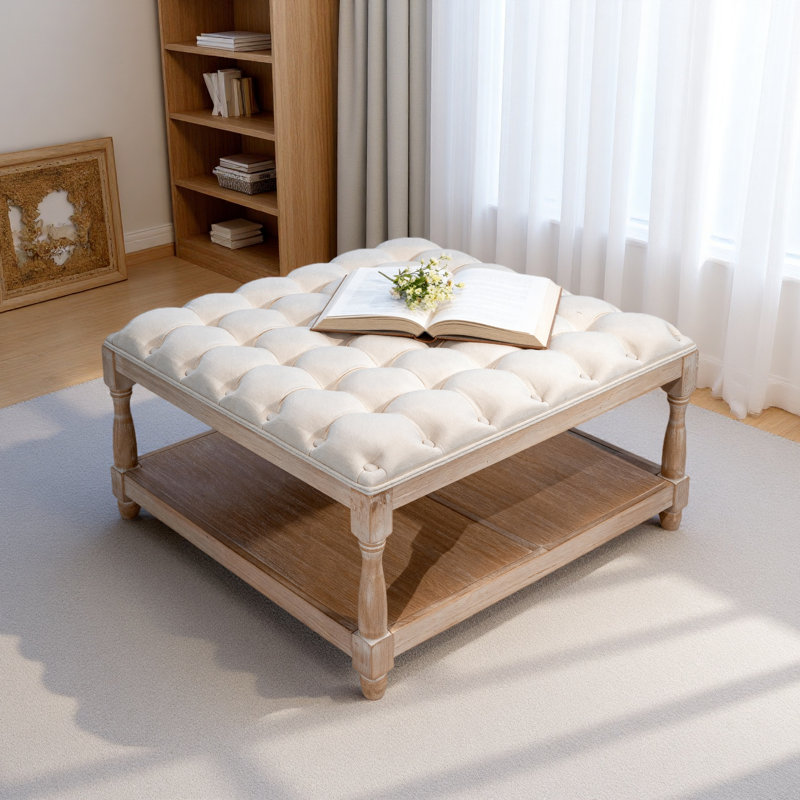 Grande table basse avec repose-pieds carré de 33 pouces pour le salon, repose-pieds capitonné en lin avec tablette de rangement et pieds solides