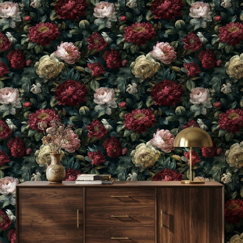Papier peint floral, élégante murale rétro