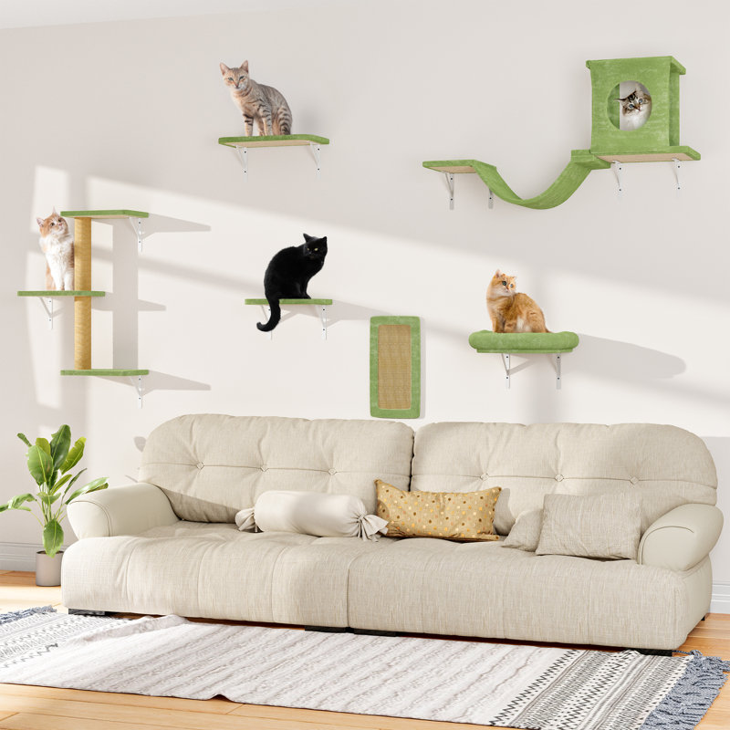 Ensemble d'escalade mural pour chat avec perchoir flottant, pont, maison de chaton, aire de jeu de bricolage, Vert