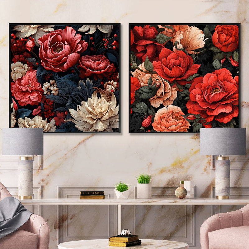 Juliana - Ensemble de 2 collages carrés floraux, Cadre flottant noir, H 16 po x l 33 po