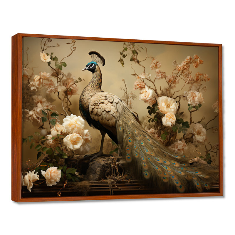 Ornement de fleur de paon classique rétro - impressions encadrées paon, 16" H x 32" W, White Picture Framed