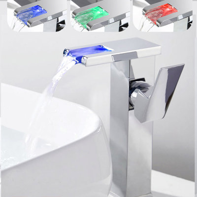 Waterfall Bathroom Vessel Faucet Led Light 3 Color Changing Single Handle One Hole Bowl Sink Faucet