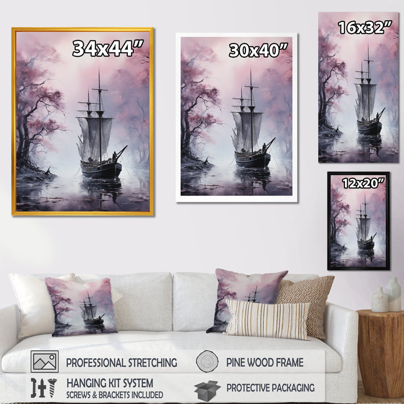 Mystic Pirate Boat Voyage I - Bateau côtier, art mural, Cadre flottant brun, H 20 po x l 12 po x P 1 po