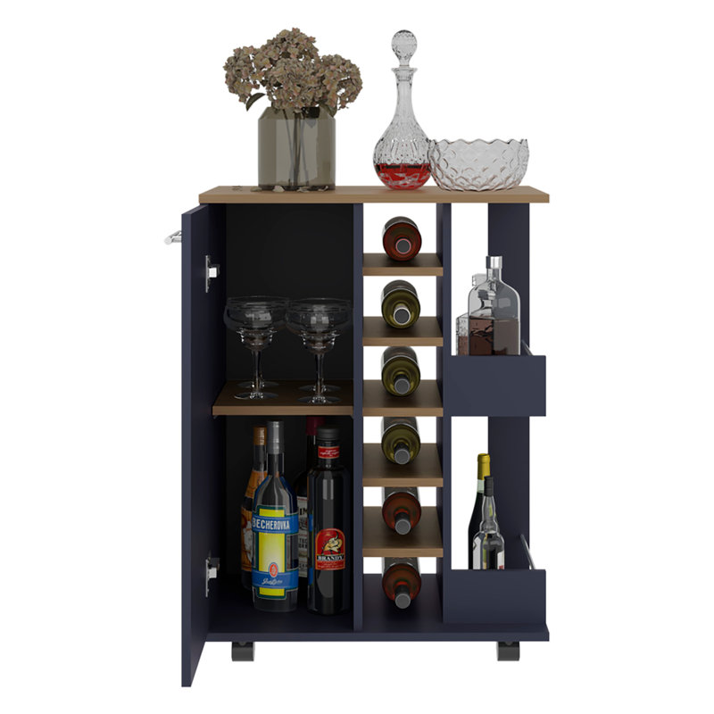 Chariot-bar H 32,3 po, 1 porte, 10 tablettes, bleu Alby / chêne naturel - salon