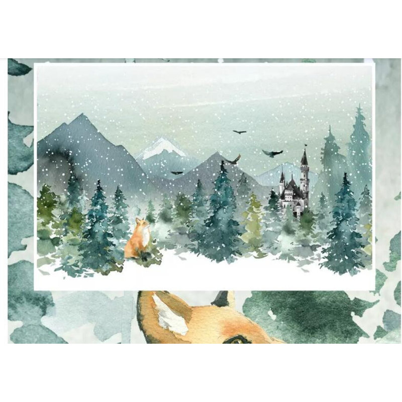 Neige, aquarelle, paysage d'hiver, renard, papier peint nordique amovible, L 9 po x l 15 po