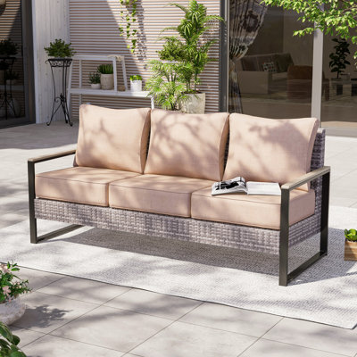 3-Person Outdoor Sofa with Cushions, All-Weather Wicker Frame, Modern Patio Seating Sofa