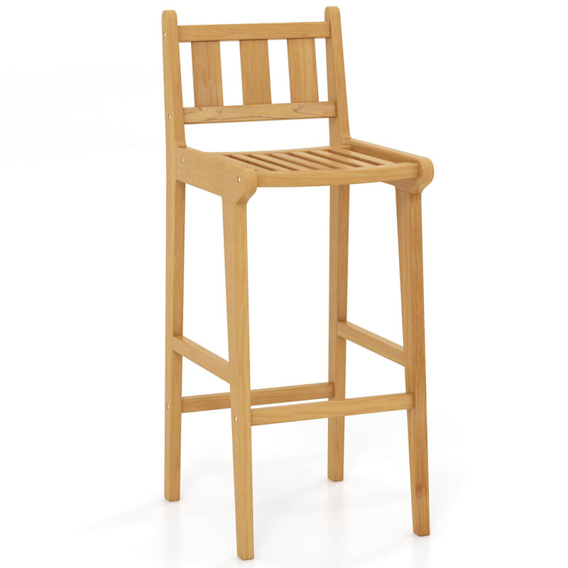 30" Teak Wood Bar Stool With Footrest & Backrest Wooden Bar Height Chair, 1