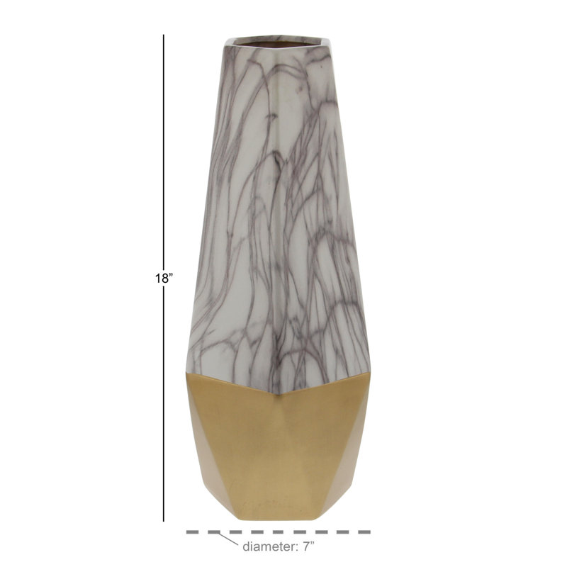 Ceramic Faux Marble Decorative Vase with Base, 18" H x 7" W x 7" D, White/Gold