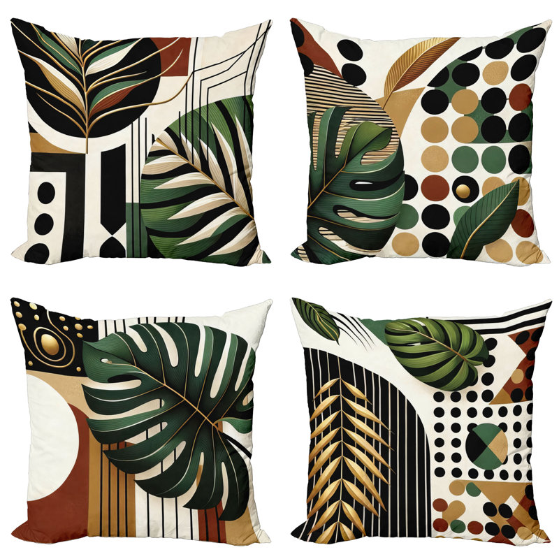 Mid-Century Modern Green and Rust Polyester Throw Pillow Set