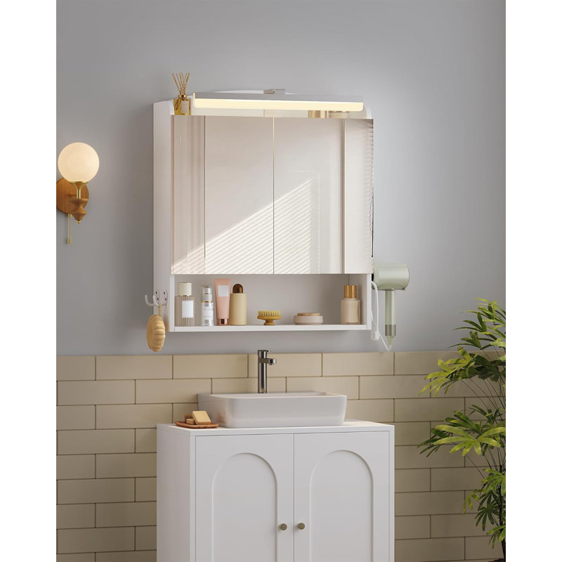Bathroom Mirror Cabinet with LED Lights, Bathroom Wall Cabinet with Plug, Bathroom Cabinet, 2 Doors and Open Storage, Adjustable Shelf, Hair Dryer Holder and Hooks, Modern