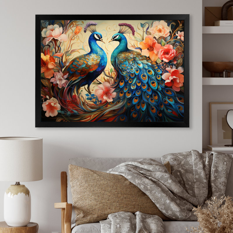 «Blue Coral Indian Art Dancing Peacocks I», art mural indien, H 12 po x l 20 po x P 1 po, Cadre simple noir