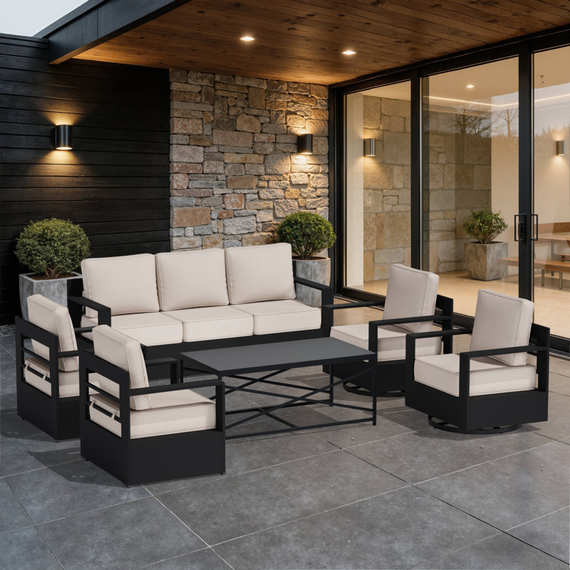 6-Piece Outdoor Aluminum Patio Conversation Set with 6 in. Beige Cushions, Beige