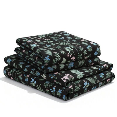 Lush night forest print, botanical floral bedding, Queen size 4-piece set, soft & breathable, durable sheets, gift-ready bedding, elegant home décor, cozy bedroom, skin-friendly material