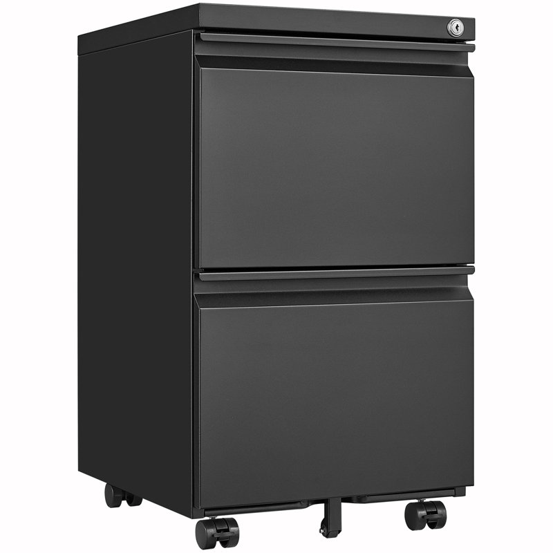 Metal 2 Drawer Mobile File Cabinet With Lock, Black