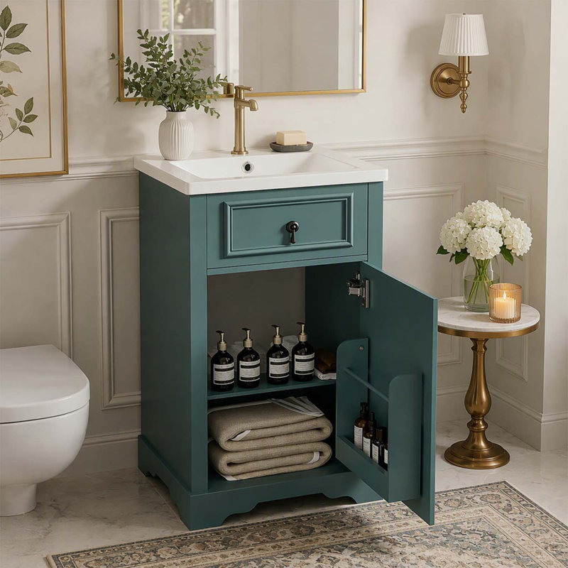Meuble-lavabo de 20 pouces avec lavabo en céramique, porte à fermeture douce, tablette réglable et support de rangement fixé à la porte - idéal pour les petites salles de bain