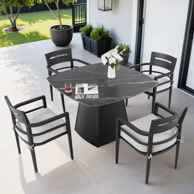 5-Piece Outdoor Pedestal Dining Set, 44" Rounded Square Sintered Stone Table With Flared Base And 4 Armchairs, Sunbrella Cushions, Rust-Free Aluminum, Weather-Resistant, For Patio Or Deck