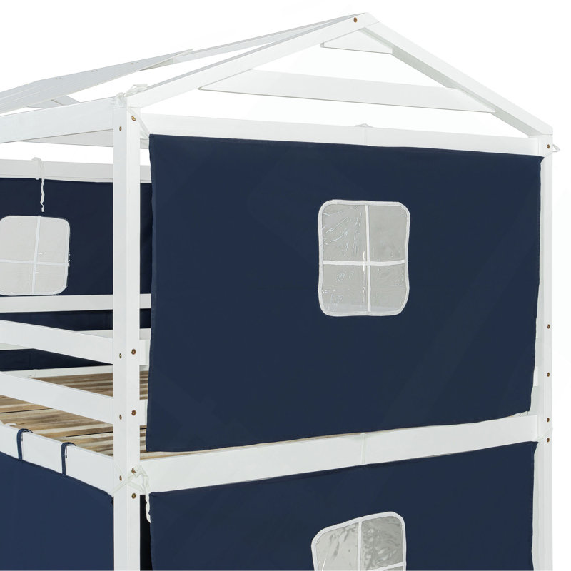 Lit superposé en bois avec tente, Lit double, Bleu