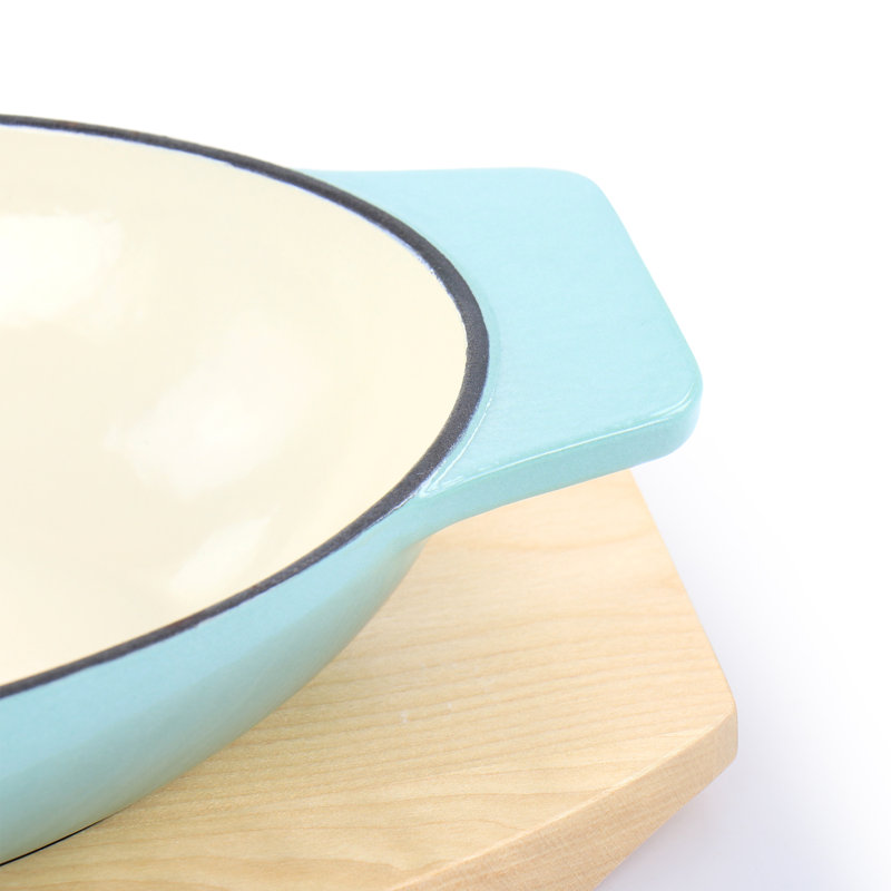 Martha Stewart 2 Piece Enameled Cast Iron Oval Casserole Birch Wood Trivet Set In Aqua, Aqua