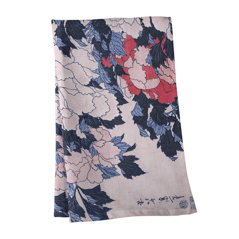 Serviette de thé pivoines et papillon, Rouge / Bleu, Polyester sergé