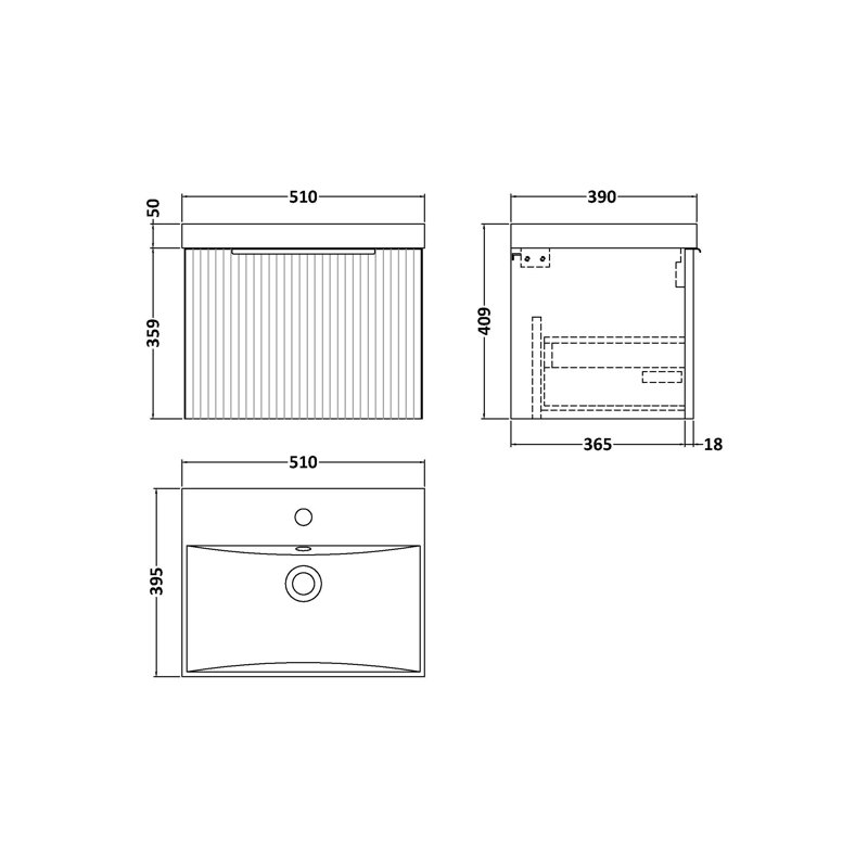 Fluted 510mm Single Bathroom Vanity with Drop In Vitreous China Basin, Blue