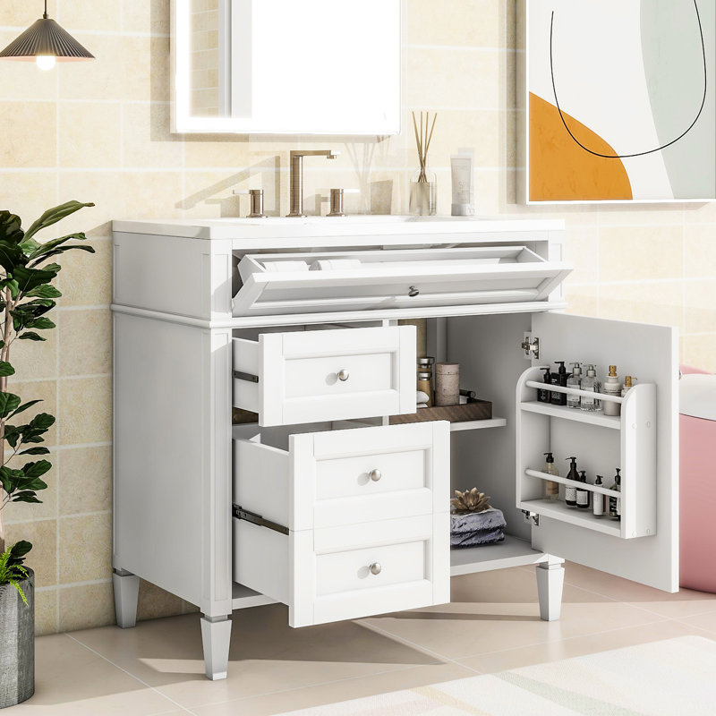Meuble-lavabo moderne 36 po avec lavabo, 2 tiroirs et tiroir coulissant, ensemble de fixation en céramique et armoire, Blanc