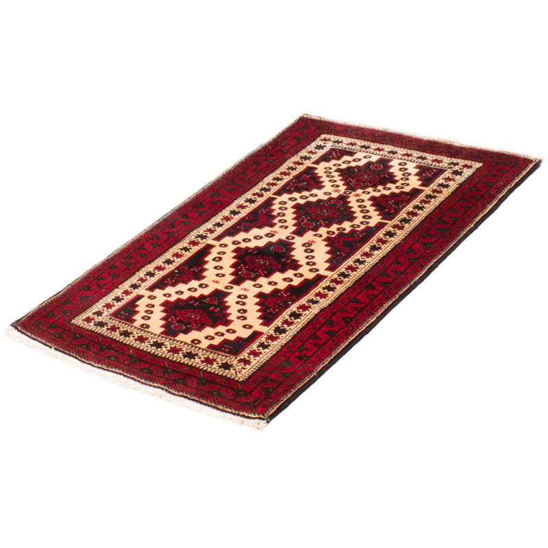 Tapis crème / rouge unique de 3 pi 3 po x 4 pi 7 po années 1990