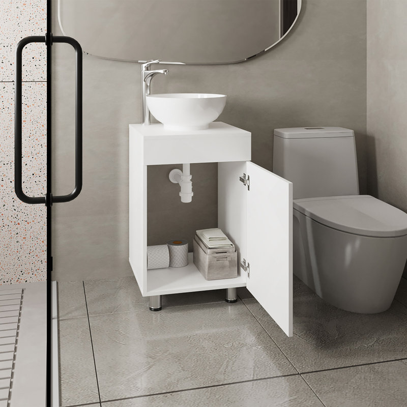 Meuble-lavabo autoportant à une porte de 18 po de large Tacna, avec vasque en porcelaine, rangement pour salle de bain, blanc
