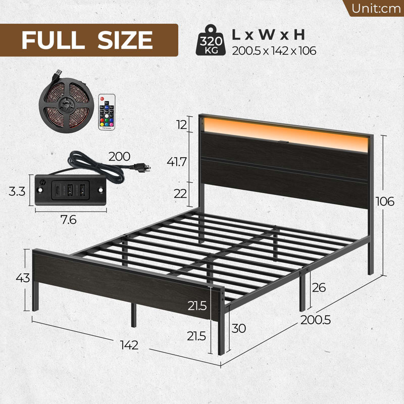 Full Metal Platform Bed with LED Lighted Wood Headboard and Charging Station