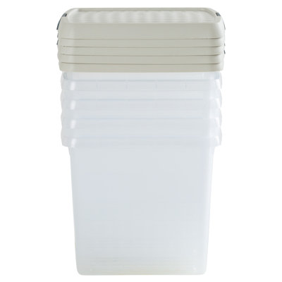 Wham Clip 5x 9L Square Plastic Storage Boxes with Secure Clip Lock Lids. L:29 x W:29 x H:15.5cm Clear/Green Milieu/Stone