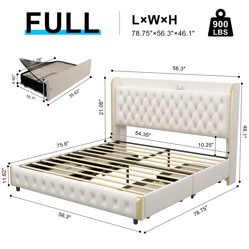 Upholstered Platform Bed Frame With 360° Galaxy Projector, Dustproof Storage Drawers, Wingback Headboard, Cream, Full