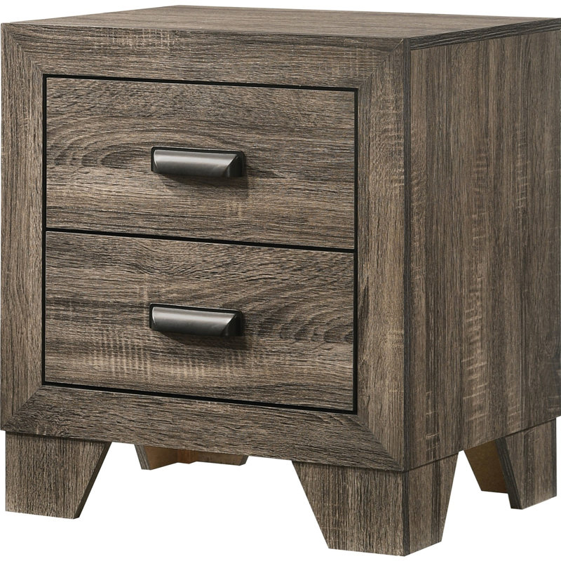 Table de chevet rustique grise avec 2 sections de tiroir, quincaillerie en métal 2 tons, support