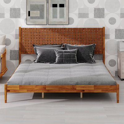 Minimalist Mid-Century Modern Platform Bed, Hand-Woven Vegan Leather Headboard