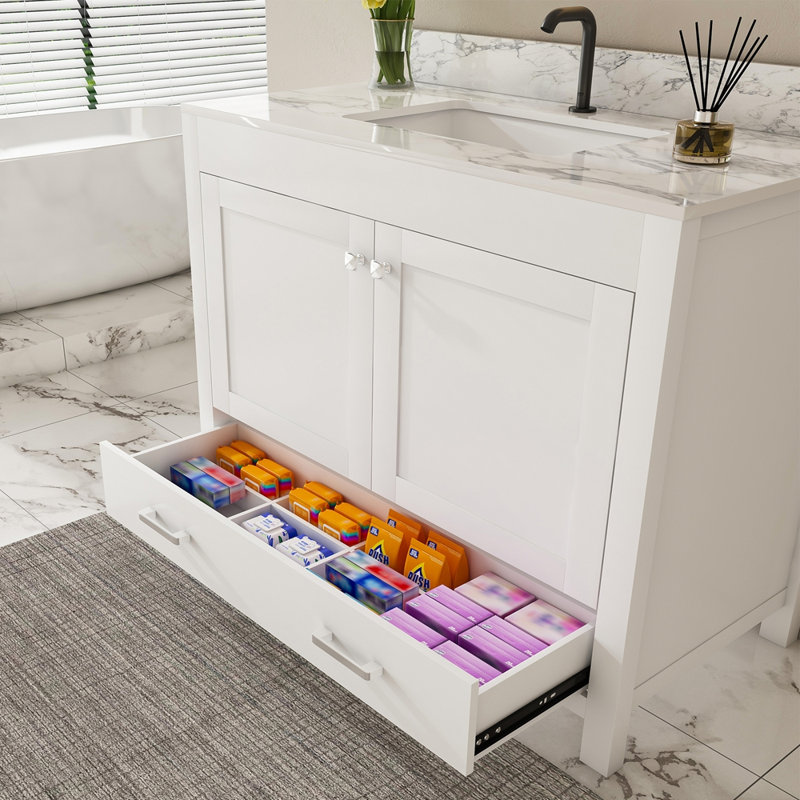 Ensemble de meuble-lavabo moderne 43 po avec plateau en pierre de Carrare blanc fritté, armoire de salle de bain multifonctionnelle avec portes et tiroir, structure solide et panneau de fibres à densité moyenne (trou de robinet simple)