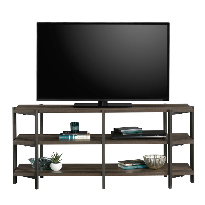 Contemporain, bibliothèque étroite, utilisation de bureau, finition brune, bois d'ingénierie, 2 tablettes horizontales, plateau épais de 1 po, cadre thermolaqué, peut accueillir une télévision de 55 po, espace de travail à assemblage rapide, bois