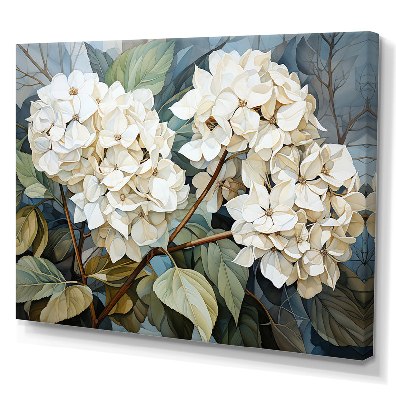 «Cubist Hydrangea L'interpretation» - art mural hortensia, H 30 po x l 40 po x P 1,5 po, Toile tendue
