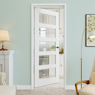 Porte pré-suspendue en verre transparent 28 po x 80 po à 5 lumières avec levier incurvé et charnières argentées, dalle de porte en verre transparent, peint et imperméable, combinaison pour la lessive, portes de placard, portes de pièce, main gauche