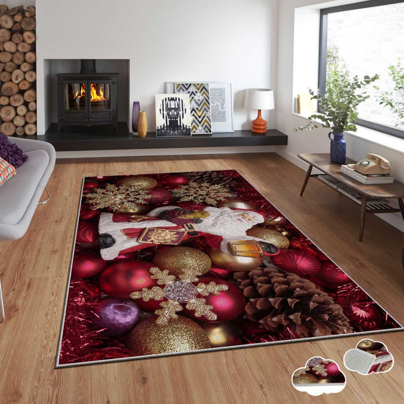 Tapis rectangulaire tissé à la machine en polyester rouge / or / blanc, Rectangle 3 pi 11 po x 5 pi 11 po