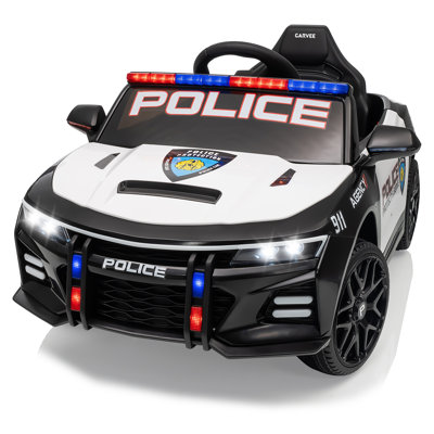 Voiture de police, véhicule électrique à piles avec télécommande, sons d'urgence, lumières clignotantes, musique, suspension à ressort pour les jeunes chauffeurs