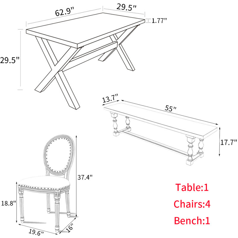 American Style Solid Wood Rectangular Dining Table, 6 Pieces: Table, Bench, 4 Chairs, 29.5"H x 62.9"L x 29.5"W