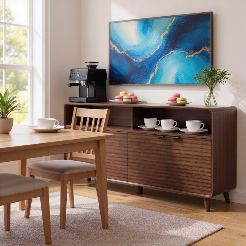Buffet noyer Mid Century avec rangement ouvert et quatre portes réglables, Walnut