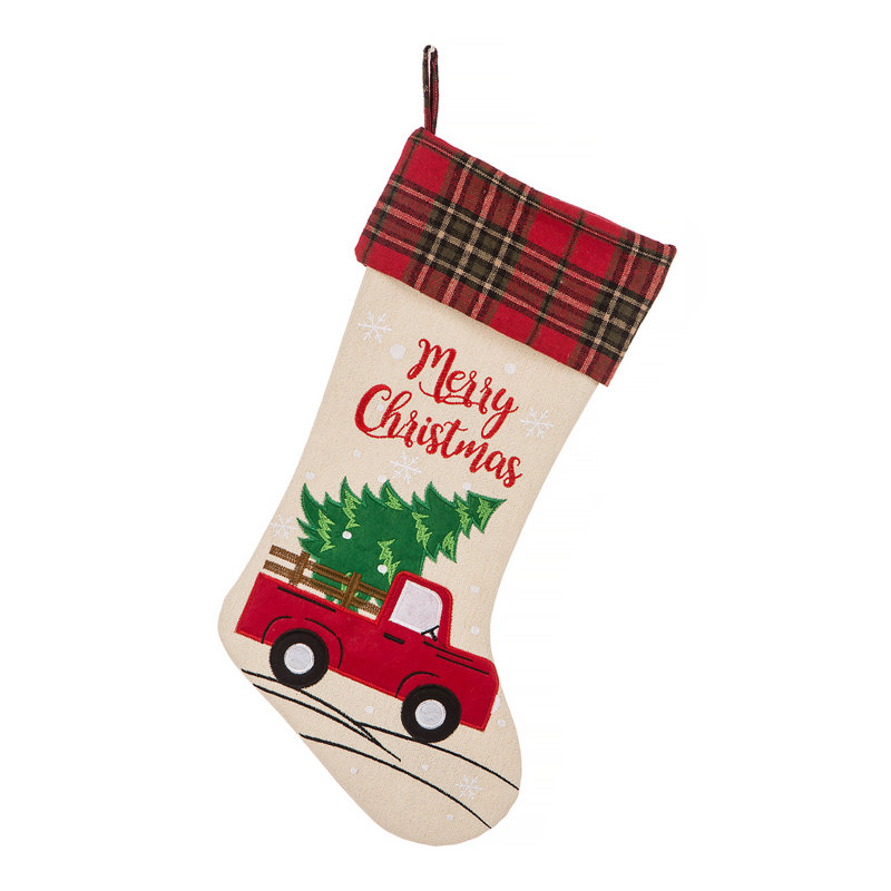 Chaussette de Noël en lin brodé 21 po L - Camion rouge