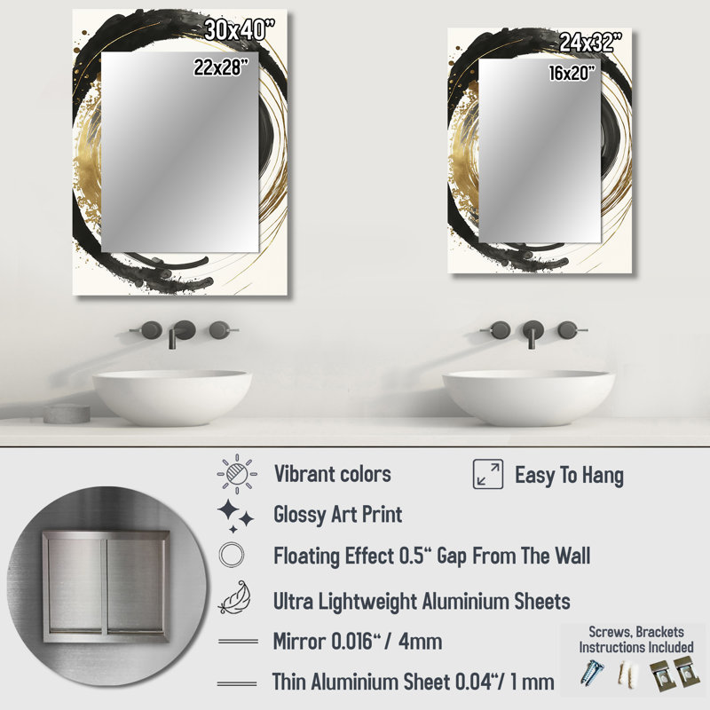 Black And Gold Curves IV - Abstract Spirals Decorative Wall Mirror, Modern Mirror, Printed Metal Art, 40" x 30"
