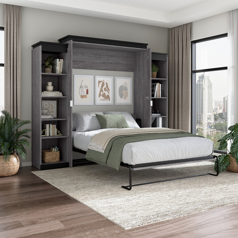 Grand lit escamotable Ailé avec 2 étagères étroites (105 W), Écorce gris