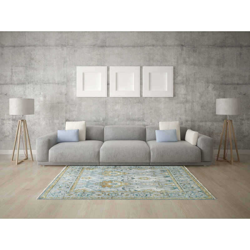 Tapis vert en laine noué à la main, Rectangle de 10 pi x 14 pi