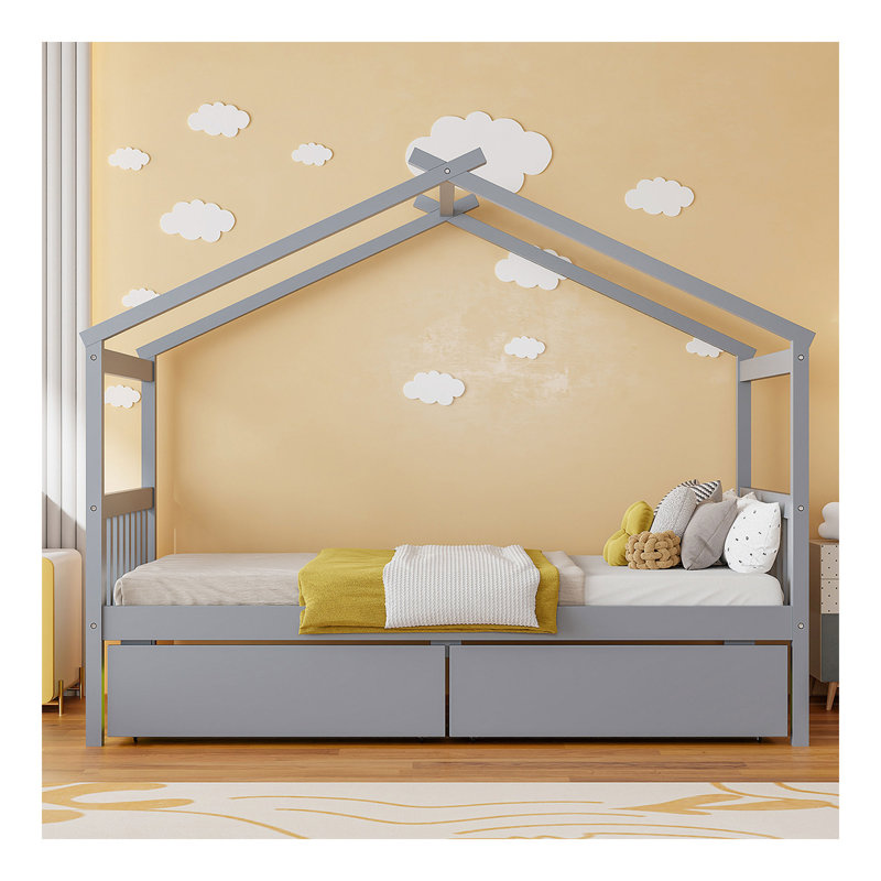 Lit simple en bois avec tiroirs, gris, Gris